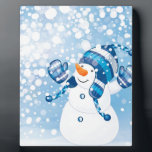 Snowman Fotoplatte<br><div class="desc">Snowman Playing in the Snow with Blue Background</div>