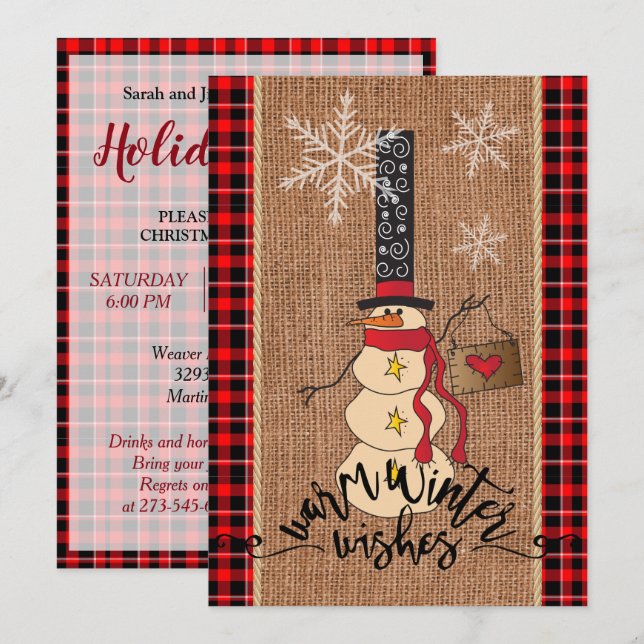 Snowman Frohe Weihnachten mit Kariert und Burlap Einladung (Vorne/Hinten)