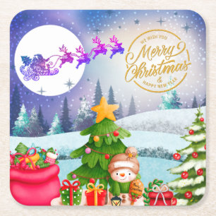 Snowman Frohe Weihnachtsbaumgeschenke & Glückliche Rechteckiger Pappuntersetzer