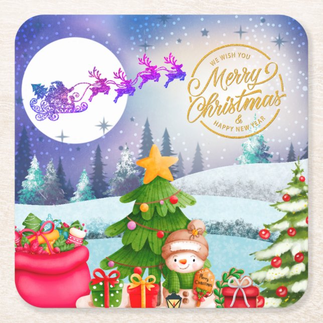Snowman Frohe Weihnachtsbaumgeschenke & Glückliche Rechteckiger Pappuntersetzer (Vorderseite)