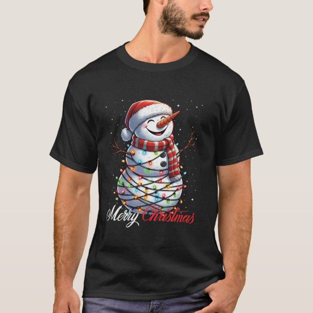 Snowman Frohe Weihnachtslicht Weihnachtsmannmütze  T-Shirt (Vorderseite)