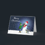 Snowman Gebäude Feiertagskarte<br><div class="desc">Der Junge hat einen Schneemann gebaut,  auf dem sein Hund steht und uriniert,  während der Junge dem Schneemann eine Karottennaase gibt.</div>