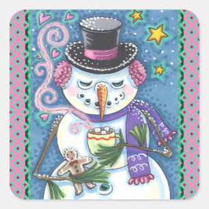 SNOWMAN, GINGERBREAD MAN & TASSE DES HOT-SCHOKOLAD QUADRATISCHER AUFKLEBER