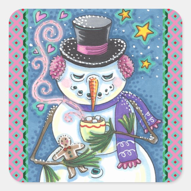 SNOWMAN, GINGERBREAD MAN & TASSE DES HOT-SCHOKOLAD QUADRATISCHER AUFKLEBER (Vorderseite)