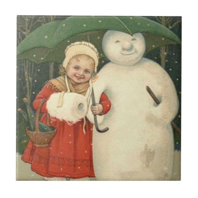 Snowman Girl Umbrella Snowfall Fliese (Vorderseite)