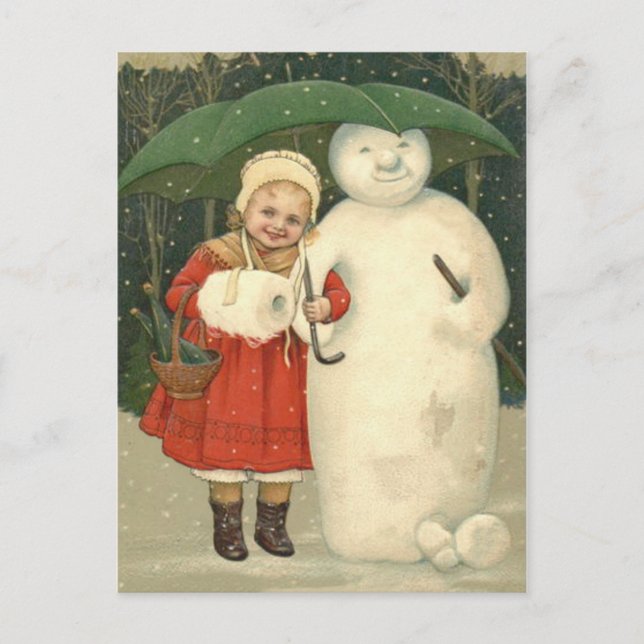 Snowman Girl Umbrella Snowfall Postkarte (Vorderseite)
