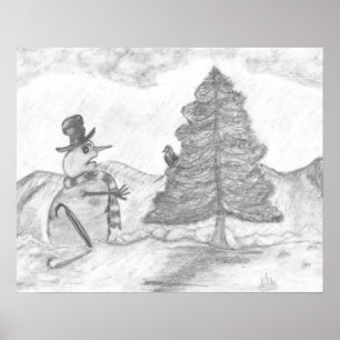 Snowman Graustufen Stift zeichne Weihnachtslandsch Poster
