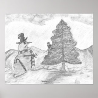 Snowman Graustufen Stift zeichne Weihnachtslandsch Poster