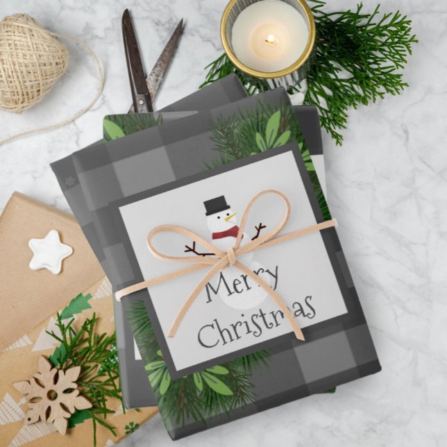 Snowman Gray Buffalo Kariert | Grau Geschenkpapier Set (Gray Snowman Buffalo Plaid Wrapping Paper Sheets)