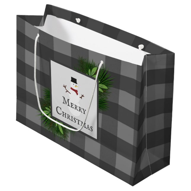 Snowman Gray Buffalo Karierte Geschenktasche Große Geschenktüte (Vorderseite Schrägansicht)