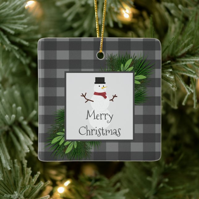 Snowman Gray Buffalo Karierte Keramik Ornament (Baum)