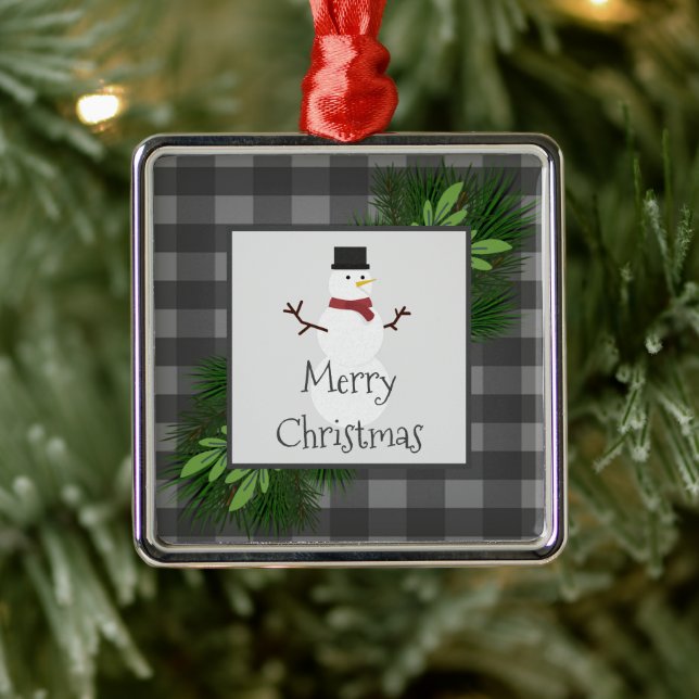 Snowman Gray Buffalo Karierte Keramik Ornament Aus Metall (Baum)