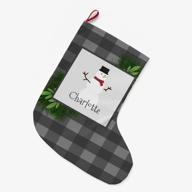 Snowman Gray Buffalo Karierter Strumpf Großer Weihnachtsstrumpf (Vorderansicht (hängend))