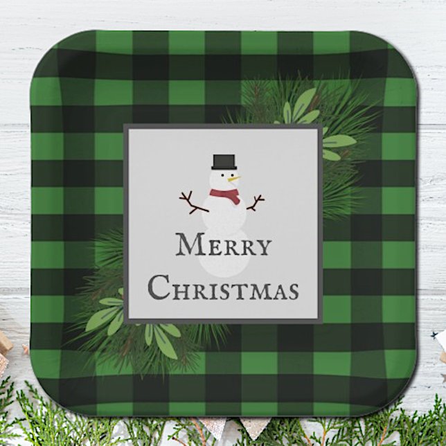 Snowman Green Buffalo Karierte Papierplatte Pappteller (Green Snowman Buffalo Plaid Christmas Paper Plates)