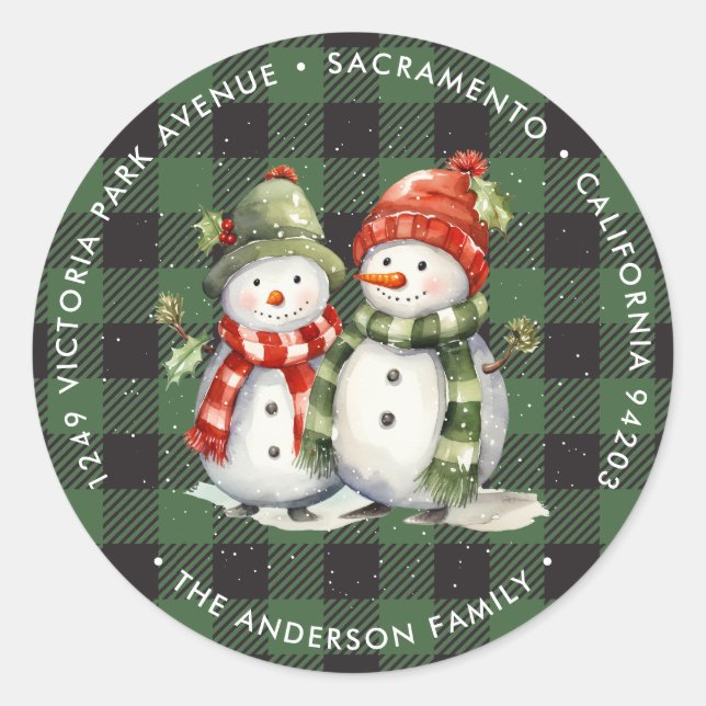 Snowman Green Christmas Rücksendeadressen-Aufklebe Runder Aufkleber (Vorderseite)