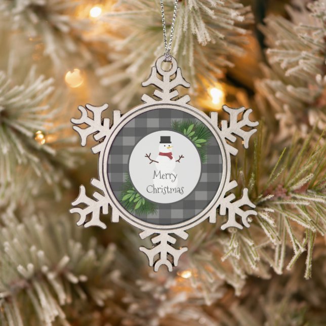 Snowman Gris Buffalo Plaid Snowflake Ornement (Arbre)