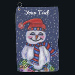 Snowman Hat Scarf Holding String Christmas Lights Golfhandtuch<br><div class="desc">Dieses Golftuch hat einen glücklichen Schneemann,  der einen roten und blauen Hut und Schal trägt und eine helle Weihnachtslippe mit fallenden Schneeflocken auf dunkelblauem Hintergrund hält. Passen Sie Ihren Text mit der Vorlage an.</div>