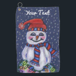 Snowman Hat Scarf Holding String Christmas Lights Golfhandtuch<br><div class="desc">Dieses Golftuch hat einen glücklichen Schneemann,  der einen roten und blauen Hut und Schal trägt und eine helle Weihnachtslippe mit fallenden Schneeflocken auf dunkelblauem Hintergrund hält. Passen Sie Ihren Text mit der Vorlage an.</div>