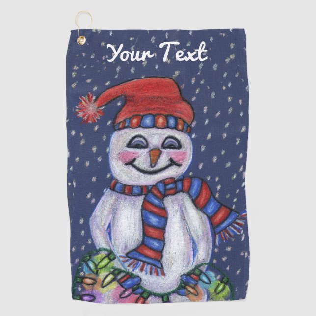 Snowman Hat Scarf Holding String Christmas Lights Golfhandtuch (Vorderseite)