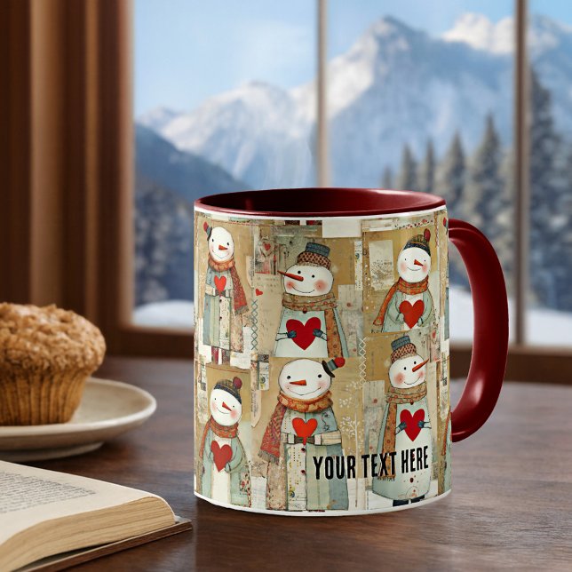 Snowman Hearts Winter Kaffeetasse (Mug featuring a whimsical pattern with snowmen carrying warm red hearts)