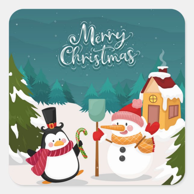SNOWMAN & HERRN PENGUIN frohe Weihnachten, Quadratischer Aufkleber (Vorderseite)