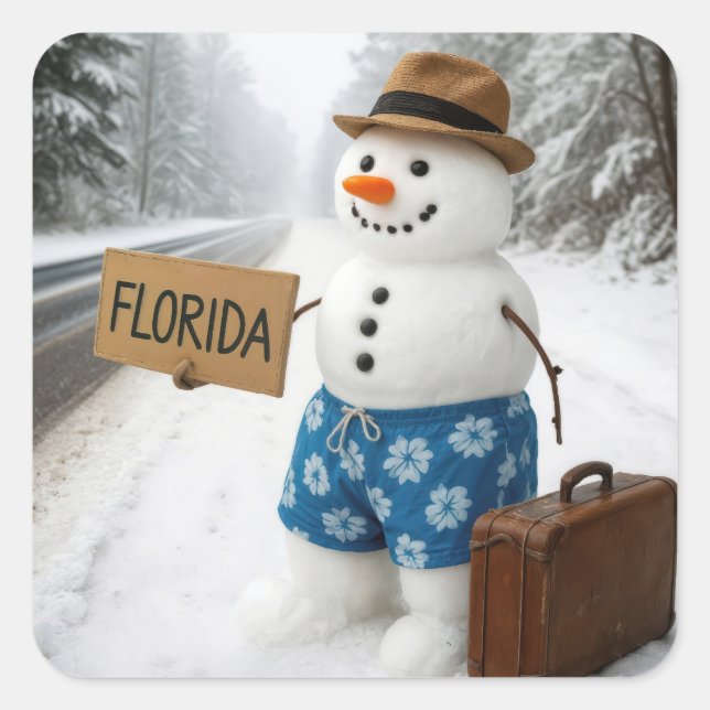 Snowman Hitchhiking to Florida Quadratischer Aufkleber (Vorderseite)