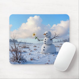 Snowman Holding a White Daisy Mousepad