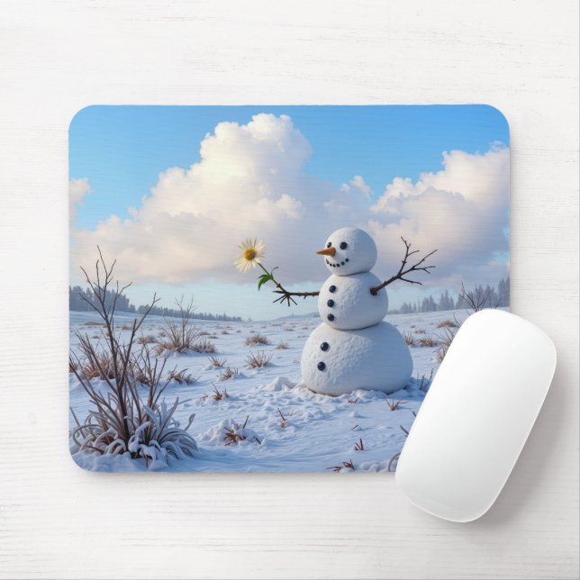 Snowman Holding a White Daisy Mousepad (Mit Mouse)