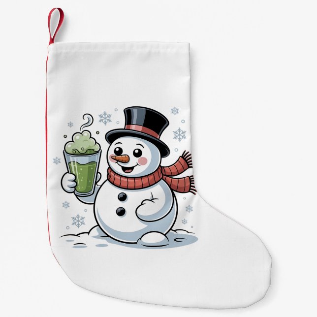 Snowman Holding Matcha Drink Weihnachten Kleiner Weihnachtsstrumpf (Vorderseite)