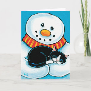 Snowman Holding Sleeping Tuxedo Katzenmalerei Feiertagskarte