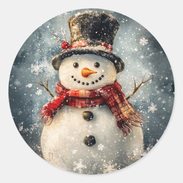 Snowman Illustration mit rustikalen Schneeflocken Runder Aufkleber (Vorderseite)