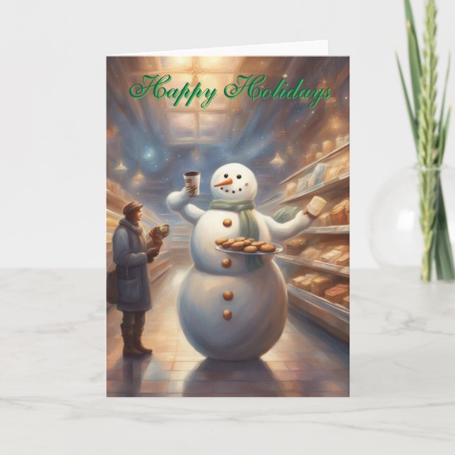 Snowman in a grocery store Happy Holidays  Karte (Vorderseite)
