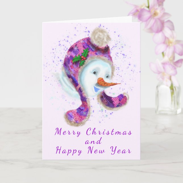 Snowman in Beanie Winter Hat Weihnachtskarte Karte (Orchidee)
