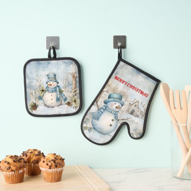 Snowman in blau gekleidet ofenhandschuh & Topflappen-Set (Insitu (Hängend))