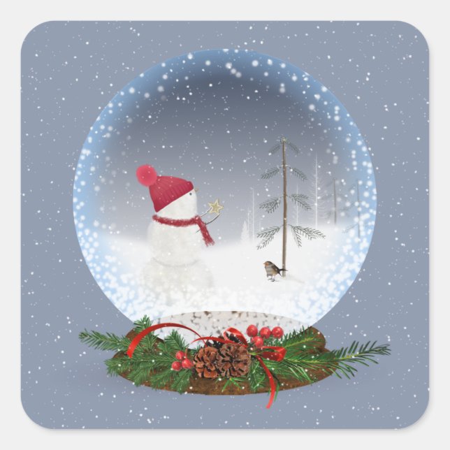 Snowman in Christmas Snow Globe Square Sticker (Vorderseite)