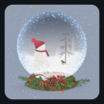 Snowman in Christmas Snow Globe Square Sticker<br><div class="desc">Schneemann mit goldenem Weihnachtsstern für alten Kiefernbaum in einer Schneekugel. Schneeflocke-Overlay</div>