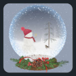 Snowman in Christmas Snow Globe Square Sticker<br><div class="desc">Schneemann mit goldenem Weihnachtsstern für alten Kiefernbaum in einer Schneekugel. Schneeflocke-Overlay</div>