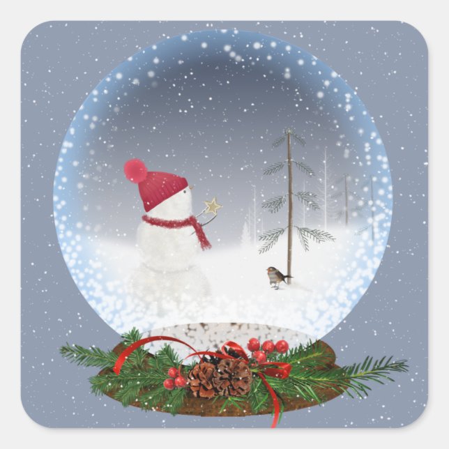 Snowman in Christmas Snow Globe Square Sticker (Vorderseite)