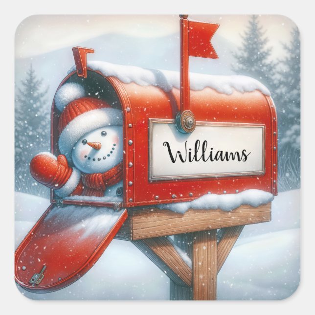 Snowman in der Urlaubspost mit Individuelle Name Quadratischer Aufkleber (Vorderseite)