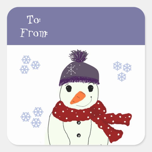 Snowman in Lila Hut und Red Scarf Quadratischer Aufkleber (Vorderseite)