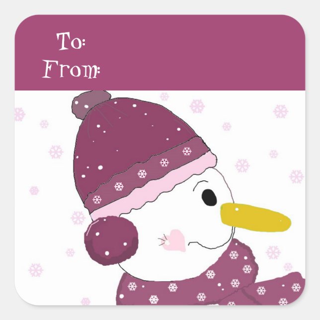 Snowman in Lila Hut und Scarf Quadratischer Aufkleber (Vorderseite)