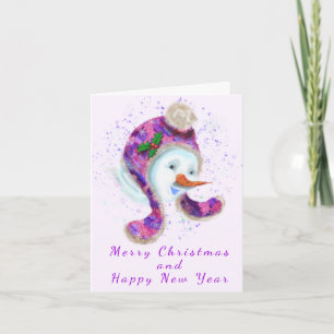 Snowman in Lila Pink-Hat-Weihnachtskarte