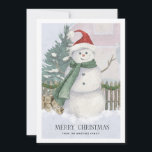 Snowman in Weihnachtsmannmütze Pine Tree Weihnacht<br><div class="desc">Traditionelle Weihnachtskartenszene mit einem Aquarellschneemann mit Weihnachtsmannmütze und grünem Schal. Kiefernbäume,  Feuerholz und ein Zaun runden das Urlaubsgeschehen ab. Frohe Weihnachten ist unten in einem eleganten Serif-Schriftart geschrieben. Eine zweite Zeile benutzerdefinierten Textes lasse Ihnen,  Ihren Namen oder eine andere Stimmung hinzuzufügen.</div>