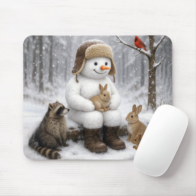 Snowman In Winter Woods With Animal Friends Mousepad (Mit Mouse)