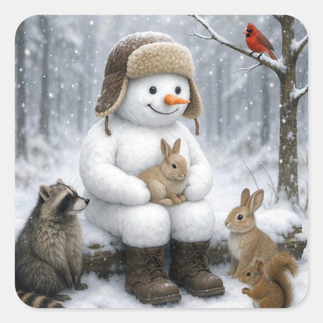 Snowman In Winter Woods With Animal Friends Quadratischer Aufkleber (Vorderseite)
