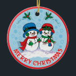 Snowman Keramik Ornament<br><div class="desc">Personalisieren Sie dieses bezaubernde Weihnachtsschmuck "Eine von einer Art"! Herr & Mrs. Frosty Der Schneemann macht einen zauberhaften Weihnachtsspaziergang durch ein "Schneewinterwunder"! Original Fine Art Design von Künstler Kerry Miller.</div>