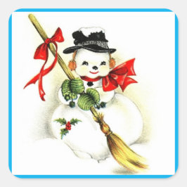 Snowman lächeln, Niedlich mit Hut, Broom, Holly & Quadratischer Aufkleber