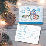 Snowman | Lassen Sie es Party Ankündigung Post Car<br><div class="desc">Hier ist eine tolle Postkarte für die Ankündigung Ihres Urlaubs! Die Vorderseite zeigt eine farbenfrohe Szene, die einen Schneemann und seinen wütenden vierbeinigen Freund darstellt, der in einem Santa Anzug gekleidet ist. Die Rückseite hat eine köstliche Nachricht, die Sie entweder verwenden oder mit der einfach zu bedienenden Vorlage bearbeiten können....</div>