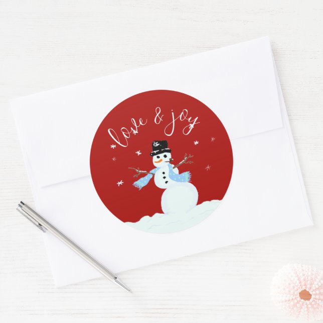 Snowman Liebe n Joy Red Christmas Umschlag Aufkleb Runder Aufkleber (Umschlag)