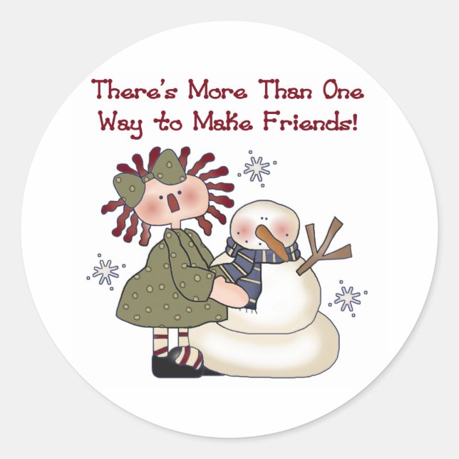 Snowman Making Friends Runder Aufkleber (Vorderseite)